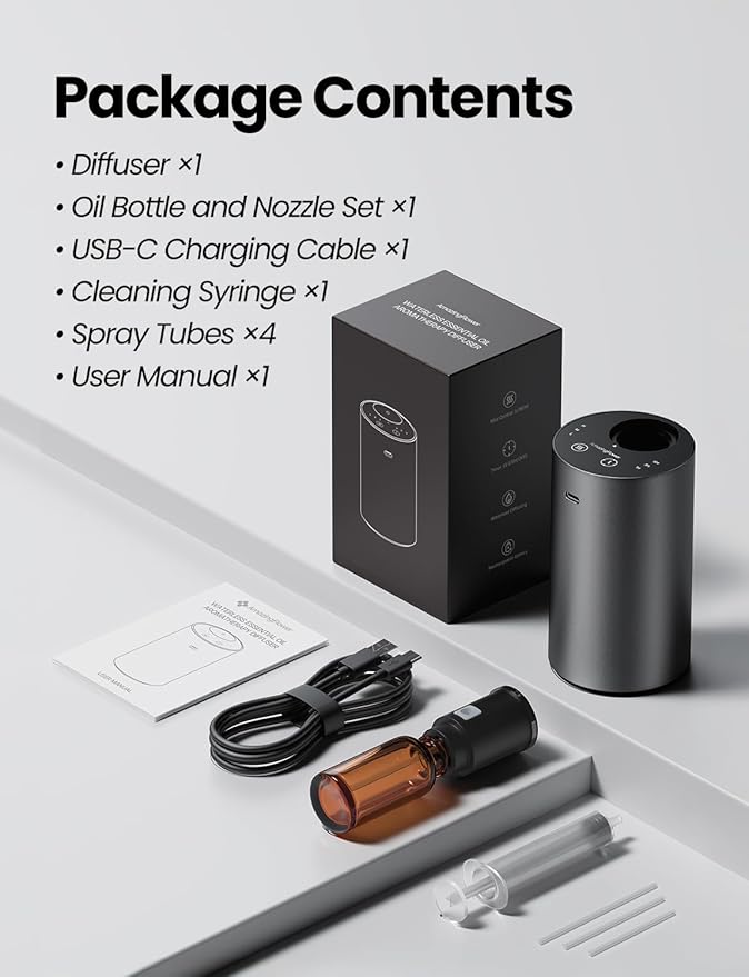 Waterless Essential Oil Diffuser, Rechargeable Scent Diffusers with 3 Mist Levels & Timers, Portable Aromatherapy Diffuser for Home Car Room Studio Office, Iron Grey Metal - Bloomnest