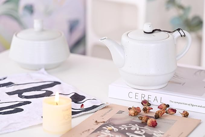 Rural Style Ceramic Teapot with Stainless Steel Infuser 16 Ounces Porcelain Blooming & Loose Leaf Teapot (White)