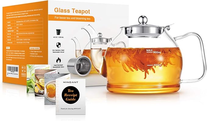 Glass Teapot, 40oz/1200ml Tea Pot with Removable Infuser for Loose Tea, Stovetop Safe Borosilicate Glass Tea Kettle with Strainer and Lid, Hand Crafted Clear Teapot with Scale Line, Tea Brewer Guide - Bloomnest
