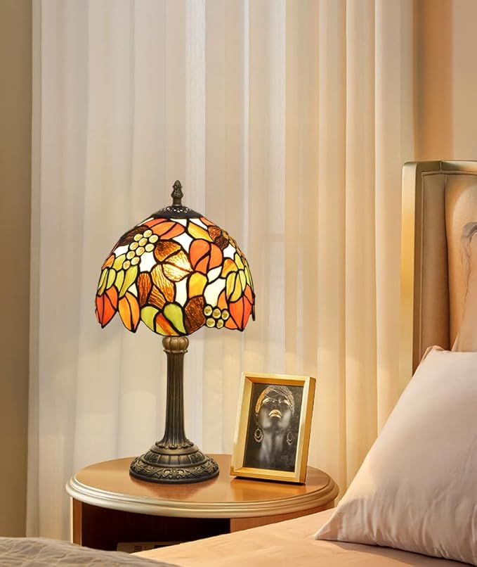 Tiffany Stained Glass Table Lamp, 8-Inch Retro Brown Maple Leaf Design Lovely Bedside Lamp, Suitable for Bedroom, Restaurant, Cafe and Other Furniture Decoration - Bloomnest
