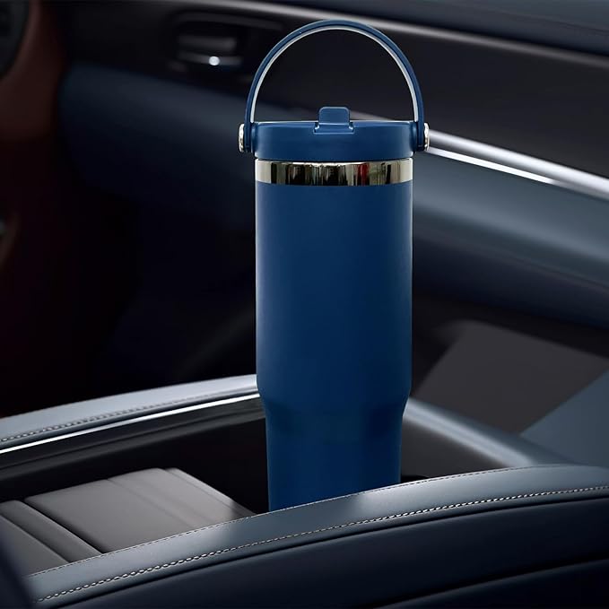 30 oz Tumbler with Handle, Double Wall Vacuum Insulated Tumblers with Flip Straw, Coffee Mug 30oz Powder Coated Cup for Hot and Cold Drinks(Black Plated, Navy,8 pack)