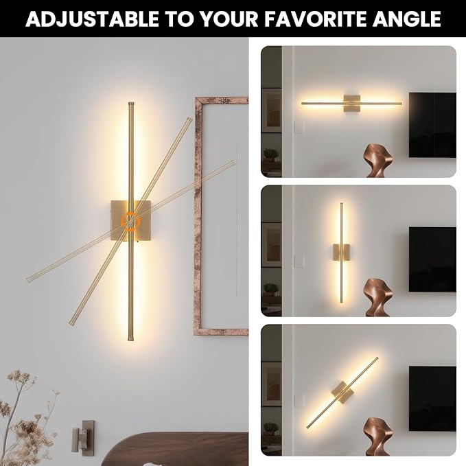 Battery Operated Wall Sconces set of 2, 11000mAh Rechargeable Brushed Bronze Wireless Wall Lights, 350°Rotate Dimmable Wall Lamp with Remote, 3 Color Temperatures, for Bedroom, Living Room, Hallway - Bloomnest