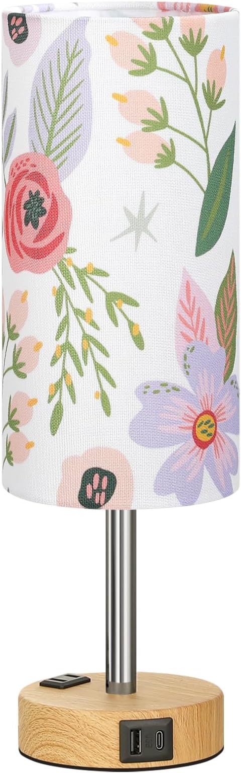 Fenmzee Floral Touch Lamp for Bedroom- 3 Way Dimmable Bedside Lamp USB C A Charging Ports and AC Outlet, Small Table Lamp Floral Linen Lampshade for Gift, LED Bulb Included - Bloomnest