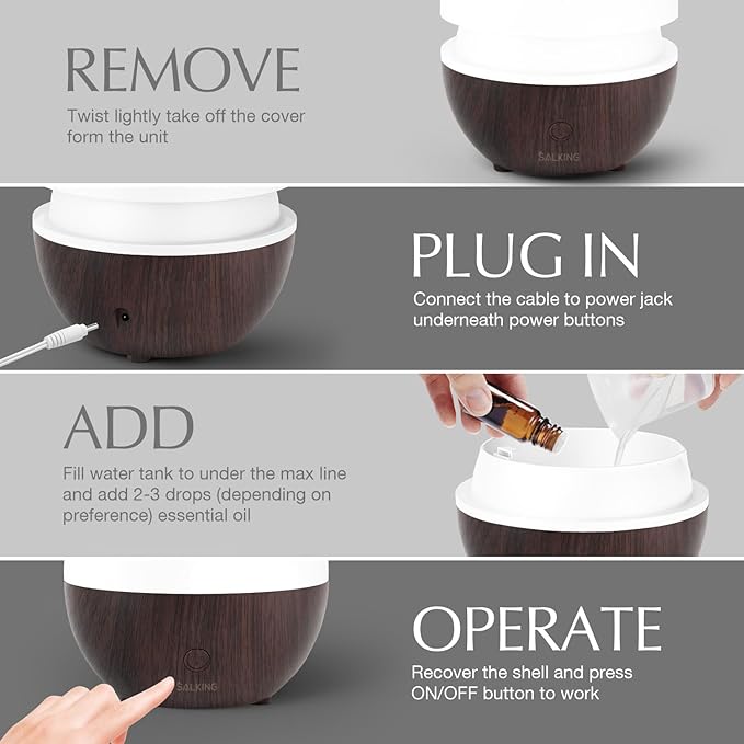 SALKING Essential Oil Diffuser, 100ml Small Aromatherapy Diffuser for Essential Oils, Auto Shut-Off Ultrasonic Diffusers, Cool Mist Humidifier with Warm White Lights, for Office Home (Dark) - Bloomnest