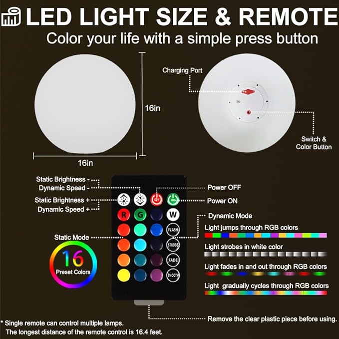 16-inch LED Globe Orb Light, Rechargeable Glowing Ball Light w/Remote, Dimmable RGB Color Changing Glowing Orb for Kid Adult, Waterproof Light Up Ball Night Light Mood Lamp for Home Garden Patio Party - Bloomnest
