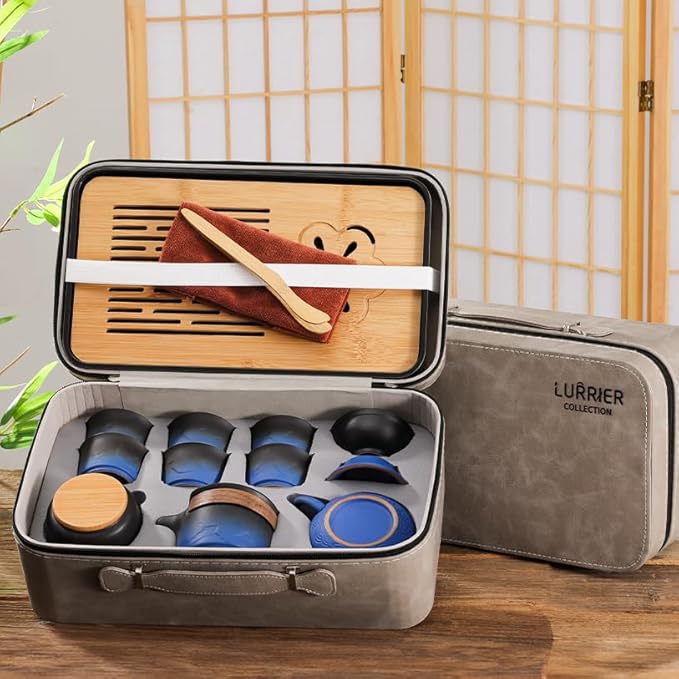 LURRIER Gongfu tea sets, Portable Ceramic TeaSet, Asian Tea sets for adult, Tea Gift sets, Grey leather case, Portable Travel Bag,Home,Gifting,Outdoor and Office(XBlack and Blue) - Bloomnest