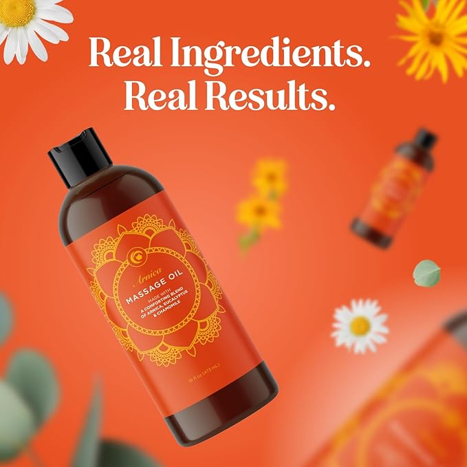 Arnica Massage Oil for Muscle Relaxing - Comforting Sore Muscle Massage Oil for Full Body Relief with Soothing Chamomile Lavender Peppermint & Rosemary Essential Oils - Vegan & Non GMO (16 Fl Oz) - Bloomnest