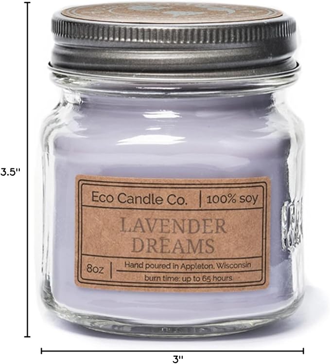ECO CANDLE CO. Mason Jar Candle, Lavender Dreams, 8 oz. - Scents of Lavender, Lilac, Sage, & Mimosa - 100% Soy Wax, No Lead, Kraft Label & Antiqued Pewter Lid, Hand Poured, Midwest Grown Soybeans - Bloomnest