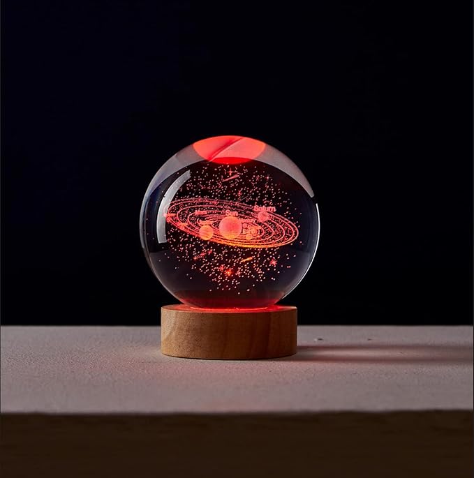 3.15 inch Solar System Crystal Ball lamp,3D K9 Crystal Ball Night Light with Wooden Base,16 Colors Change with Remote Control,Galaxy Light,Birthday Gift for Friends (Solar System) - Bloomnest