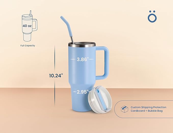 KooK Stainless Steel Tumbler, with Straw and Handle, Leakproof, Vacuum Insulated Travel Coffee Mug, Reusable Double Walled Water Bottle, Keeps Hot or Cold, 40 oz, Sky Blue - Bloomnest