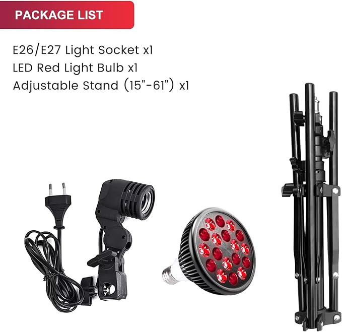 Wolezek LED Red Light Lamp with Stand, Adjustable Tripod 15"-61", 18 LEDs 660nm & 850nm Combo, E26 Standard Socket, Aluminium Shell, Black WOLEZEKLED