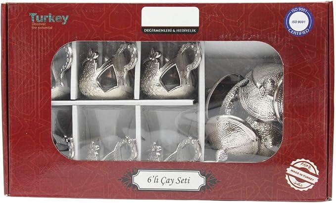 Alisveristime Handmade Turkish Tea Glass Set - Traditional Turkish Motifs, Set of 6 with Lids and Bonus Tea Spoons (Silver)