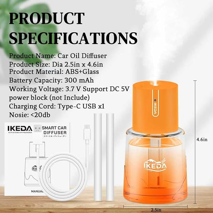 Ikeda Car Diffusers for Essential Oils,100ml Glass Car Essential Oil Diffuser,Smart Car Humidifier Diffuser, 3 Timers & 300 mAH Battery Operated Car Aroma Diffuser for Travel, Auto Shut-Off,Orange - Bloomnest