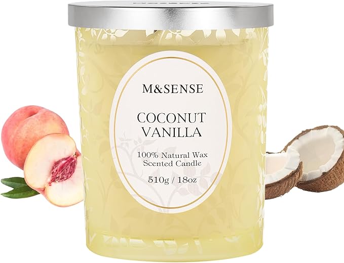 M&SENSE Coconut Vanilla Scented Candle, Cracking Wooden Wick Soy Wax, 18oz 100 Hours Long Lasting Clean Burn, Large Jar Candles for Home Decor, Non-Toxic Relaxing Aromatherapy Gifts for Women - Bloomnest