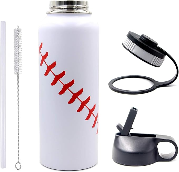 40 oz Baseball Water Bottle, Wide Mouth Sports Flask Metal Travel Tumbler with 2 Lids, Stainless Steel Double Wall Vacuum Insulated Thermo Water Jug, Baseball Accessories Gifts for Mom Boys Girls - Bloomnest