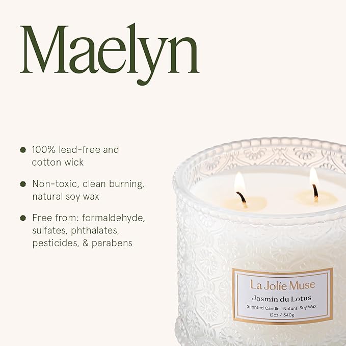 LA JOLIE MUSE Jasmin du Lotus Candle - Ivy, Jasmine, Cedarwood | 12 oz Large 2-Wick Soy Wax Candle | 60 Hours Clean Burn | Floral Scented Candle | Gift-Ready for Hosts & Gatherings - Bloomnest