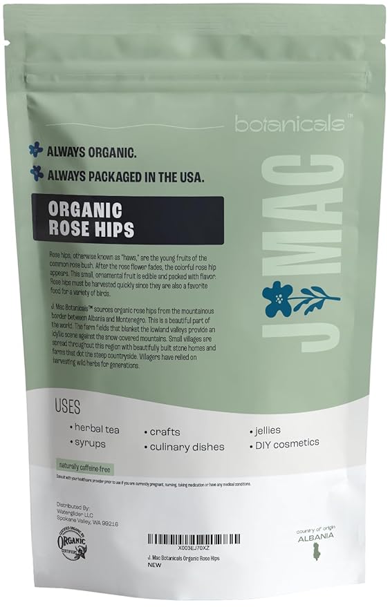 J MAC BOTANICALS Organic Rose Hips (1 Lb Bag) Whole, natural organic dried rose hips for herbal tea, rosehips dried organic, rosehip tea, packaged in the USA - Bloomnest