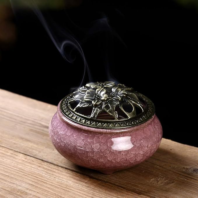 Ceramic Incense Burner with Incense Stick Holder + Insulation use for Stick or Coil Incense, Sage Cones and Frankincense (Violet) - Bloomnest