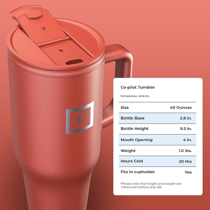 IRON °FLASK Co-Pilot Insulated Mug w/Straw & Flip Cap Lids - Cup Holder Bottle for Hot, Cold Drink - Leak-Proof- Water, Coffee Portable Travel Tumbler - Rusty Red, 40 Oz