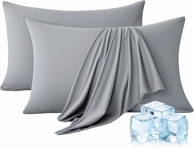 Ultra-Chill Cooling Pillowcase Set of 2 for Hot Sleepers, Softer Than Silk Pillow Cases for Protecting Hair & Skin, Breathable Bed Pillow Covers w/Zipper, Gifts for Women Men(Stone Gray, Standard) - Bloomnest