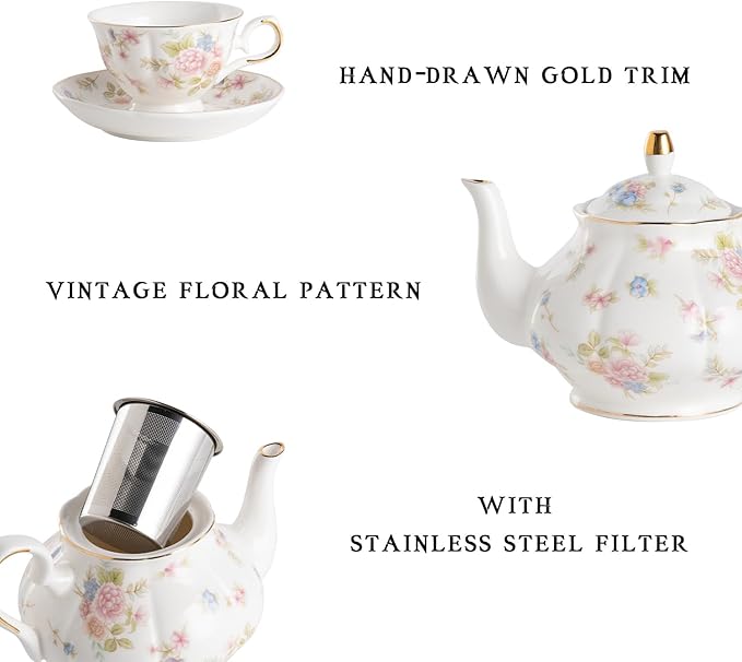 Sweejar Ceramic Teapot with Infuser, Floral Relief Gold Rimmed Teapot, 29 OZ Porcelain Tea Pot for Blooming and Loose Tea, Coffee...(Small Flower)