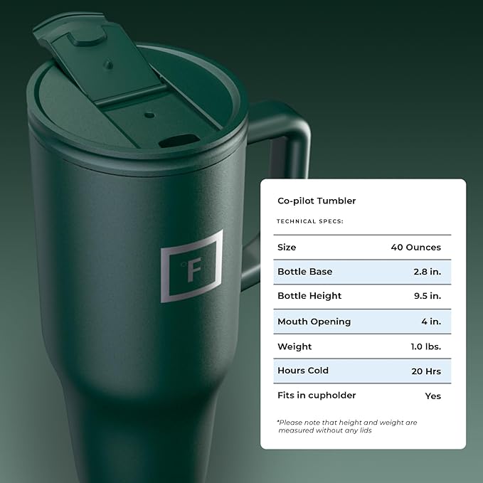 IRON °FLASK Co-Pilot 40 oz Insulated Tumbler with Straw & Flip Cap Lids - Cup Holder Bottle for Hot or Cold Drink - Leak-Proof, Double Walled - Water, Coffee Portable Travel Mug - Dark Pine - Bloomnest