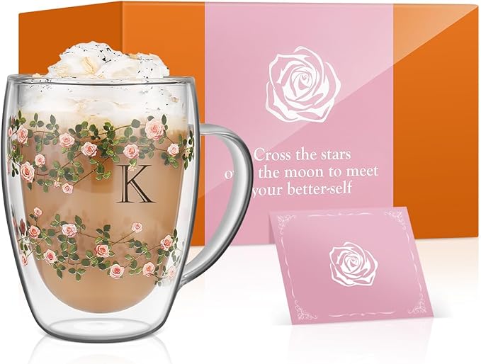 Initial Glass Cup for Women, 12oz Rose Double Walled Glass Coffee Mugs, Personalized Gifts for Women, Initial Coffee Tea Mug with Scarf, Birthday Gifts for Her Mom Friend (ROSE-A) - Bloomnest