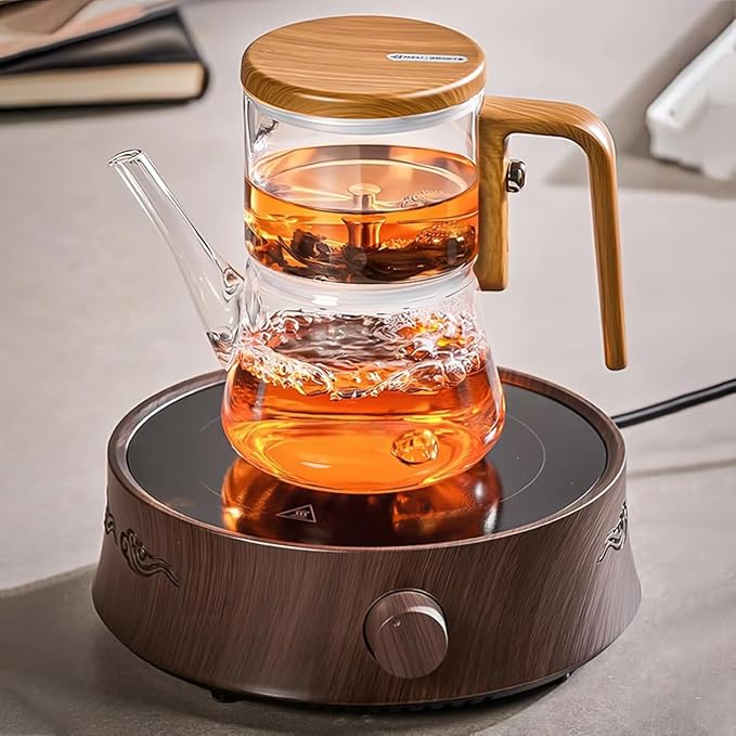 Semi-Automatic Glass Teapot with Wooden Handle, Heat Resistant Magical Teapot, Magnetic Water Separation Kungfu TeaPot, High Borosilicate Glass Tea Set Coffee Set, Clear Magic Pot for Holiday Gifts