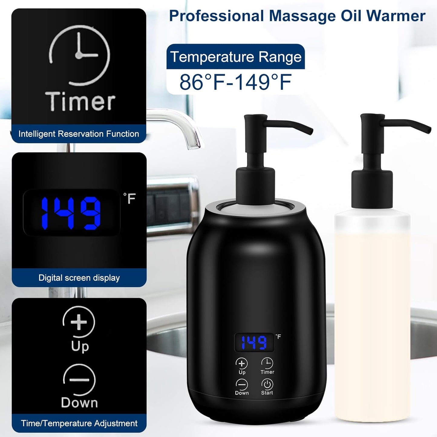 Massage Oil Heater Warmer,with ℃/℉ Switchable Display, Two Oil Dispenser Bottle,Constant Temperature,Body Oils Heater for Spa, Salon and Barber Shops,Black