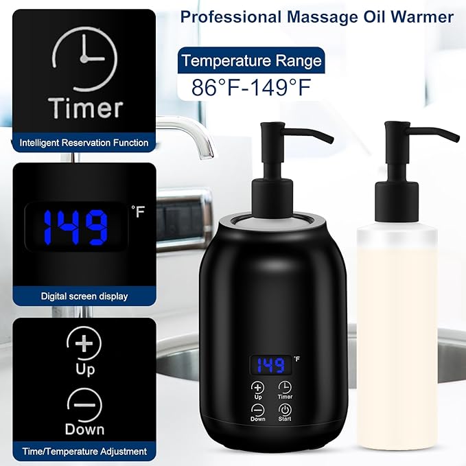 Massage Oil Heater Warmer,with ℃/℉ Switchable Display, Two Oil Dispenser Bottle,Constant Temperature,Body Oils Heater for Spa, Salon and Barber Shops,Black - Bloomnest