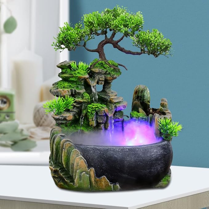 Tabletop Fountain Waterfall Fountain Indoor Humidifier with Rockery,Waterfall,Plant,Lamp Desk Fountain Desk Decorations for Office Home Bedroom US Stock