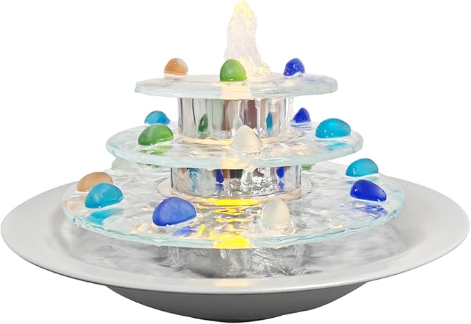 Indoor Tabletop Fountain 3-Tier Waterfall, Zen Meditation Fountains with LED Light, Home Desktop Soothing Sound Meditation Relaxing Water Feature for Office Room Table Decoration