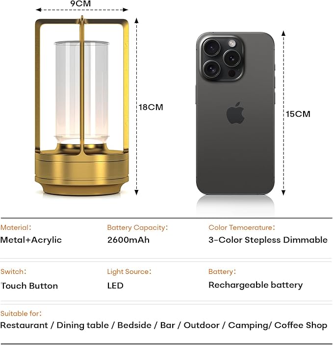 Portable Metal Table Lamp for Indoor/Outdoor ,Rechargeable Cordless LED Lamp, 3-Colour Infinitely Dimming Battery Powered Small Desk Lamp, Restaurant/Bedroom/Bar/Coffee/Camping Light (Gold Set of 2) - Bloomnest