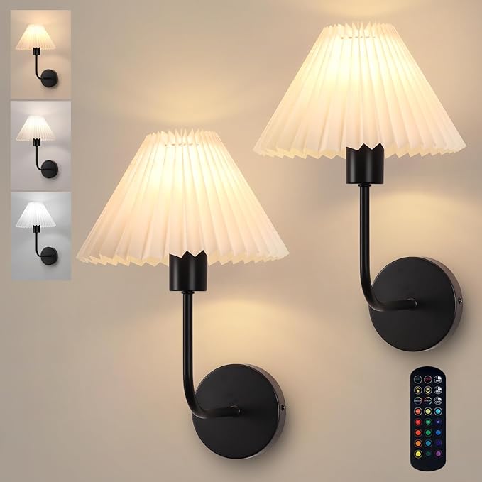 Rechargeable Battery Operated Wall Sconces Sets of 2, 15 Colors Wireless Wall Sconce, Black Wall Lights Fixture with Dimmable Bulbs and Remote, Not Hardwired Wall Mounted Lamps for Bedroom Living Room - Bloomnest