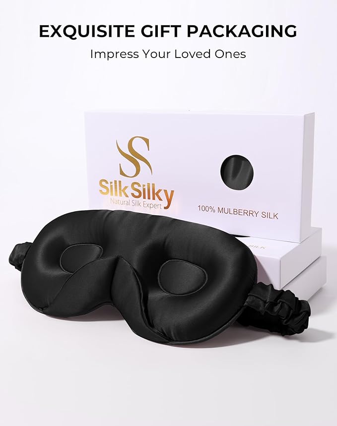 SilkSilky 100% 22 Momme Mulberry Silk Sleep Mask – Upgraded 3D Contoured Eye Mask with Nose Wing Pads & Adjustable Strap, Luxury Blackout Eye Cover for Women & Men (Black) - Bloomnest