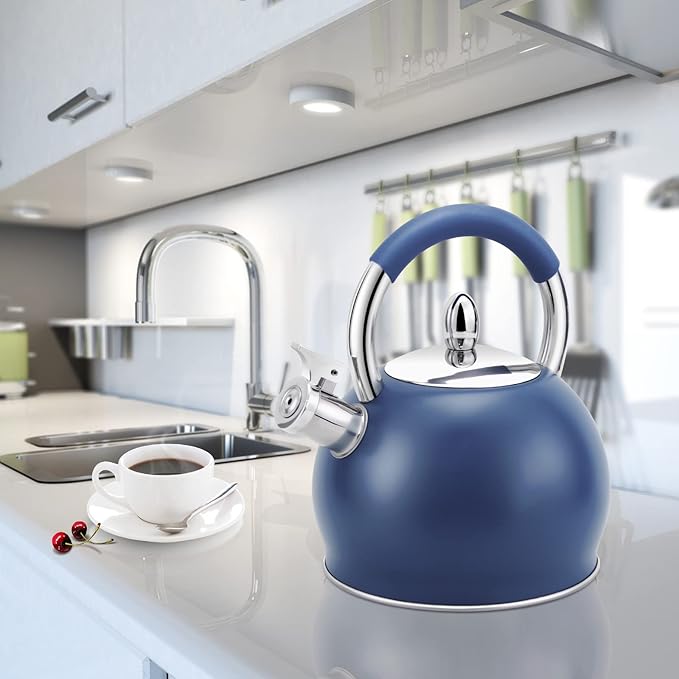 Whistling Tea Kettle for Stove Top Stainless Steel Tea Pot with Ergonomic Silicone Handle Teapot for Stovetop 3.2 Quart / 3 Liter Blue - Bloomnest