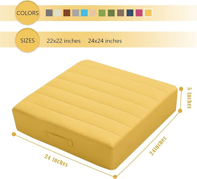MeMoreCool Large Square Floor Pillow, Yellow Meditation Cushion with Thick Foam and Soft Tufted Washable Cover, Big Floor Seat for Adults, Kids, Sitting, and Yoga, 24-Inch - Bloomnest