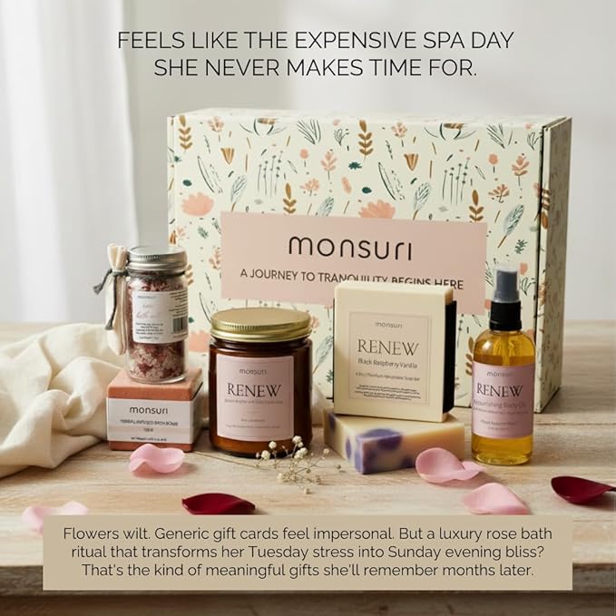 Anniversary Gifts for Women | Romantic Home Spa Kit for Women with Rose Candle, Bath Bomb, Bath Salts, Soap & Body Oil. Birthday Gifts for Wife, Girlfriend Gifts, Long Distance Relationship Gifts. - Bloomnest