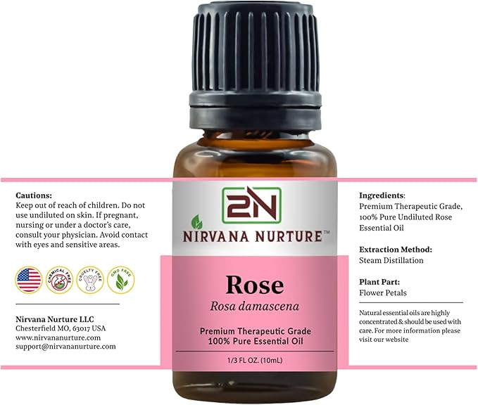 Rose Essential Oil, 100% Pure Undiluted, Aromatherapy Oil for Diffuser, Hair & Skin Care NirvanaNurture
