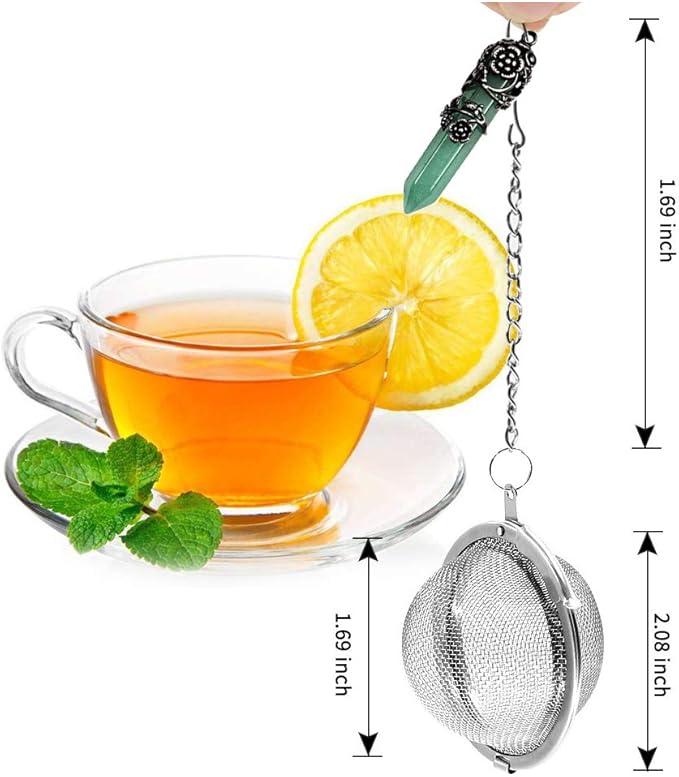 2 Pack Healing Crystal Pendant Loose Tea Steeper Tea Infusers Tea Strainers for Couple Gift,Antique Silver Flower Wrapped Natural Gemstone Hexagonal 18/8 Stainless Steel Fine Mesh Tea Ball
