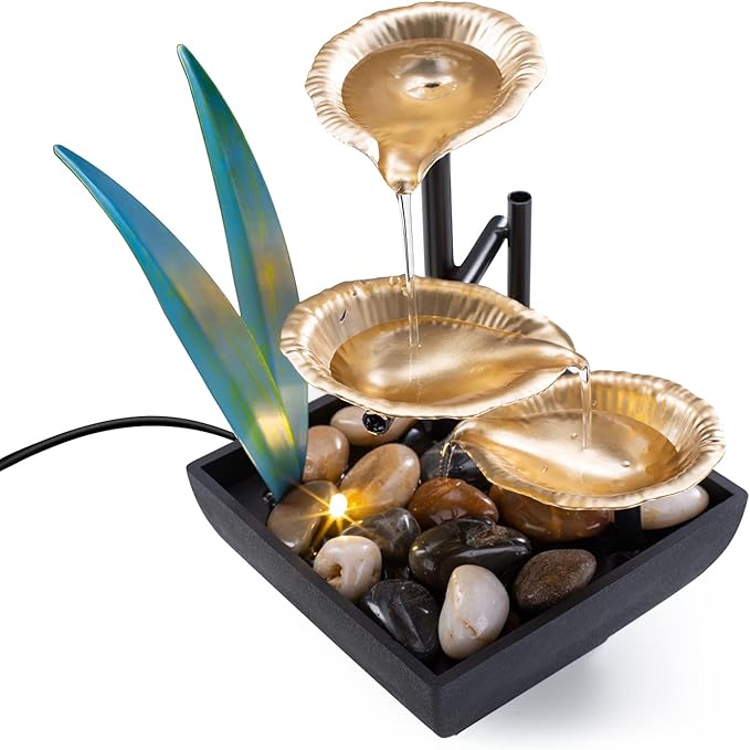 Tabletop Fountain Desktop Fountain 3-Tier Indoor Golden Lotus Leaf Relaxation Fountains Tabletop Waterfall, Office Home Decor Including Lots of Natural River Rocks and Warm Yellow Scene Light - Bloomnest