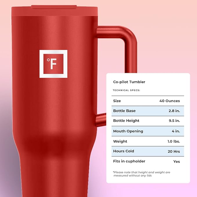 IRON °FLASK Co-Pilot Insulated Mug w/Straw & Flip Cap Lids - Cup Holder Bottle for Hot, Cold Drink - Leak-Proof- Water, Coffee Portable Travel Tumbler - Fire Red, 40 Oz - Bloomnest
