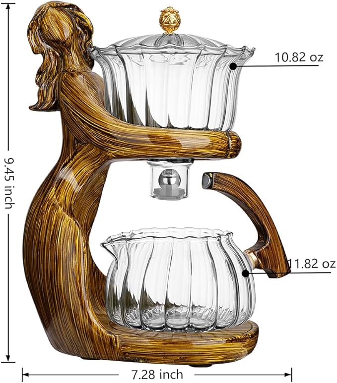 Lazy Kungfu Drip TeaPot, Heat Resistant Tea Set, Semi-Automatic Glass Teapot Suit for Magnetic Water Flow Wooden Glass Teapot Set with Cups (Coffee Maiden) - Bloomnest