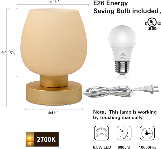 Touch Bedside Table Lamp Set of 2 - Small Modern Table Lamp for Bedroom Living Room Nightstand, 3-Way Dimable Desk lamp with Desert Titanium Color Glass Lamp Shade, 2700K LED Bulb, Simple Design - Bloomnest