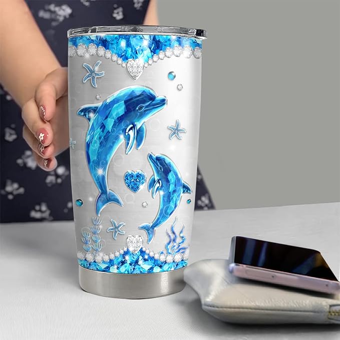SANDJEST Personalized Dolphin Tumbler Jewelry Drawing Style Stainless Steel 20oz 30oz Insulated Cup Coffee Travel Mug Dolphins Tumblers Christmas Birthday For Women Girl Friend Cups Gift - Bloomnest