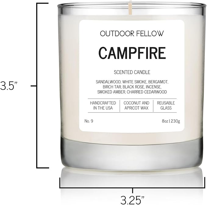 Outdoor Fellow Campfire Scented Candle, 8oz, Coconut & Apricot Wax Blend, Sandalwood, Smoked Amber, Charred Cedarwood, Reusable Glass, 40-50 Hour Burn Time - Bloomnest