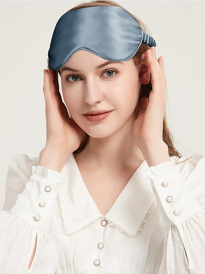 Mulberry Silk Blackout Adjustable Sleep Eye Mask for Men/Women Travel Plane,Ash Blue - Bloomnest