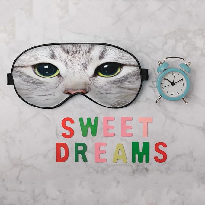 Cat Silk Eye Mask Sleep Mask Cute Funny Kitten Big Green Eyes Animal Pet Eye Mask with Adjustable Strap Lightweight for Women Work Travel Night Sleep - Bloomnest