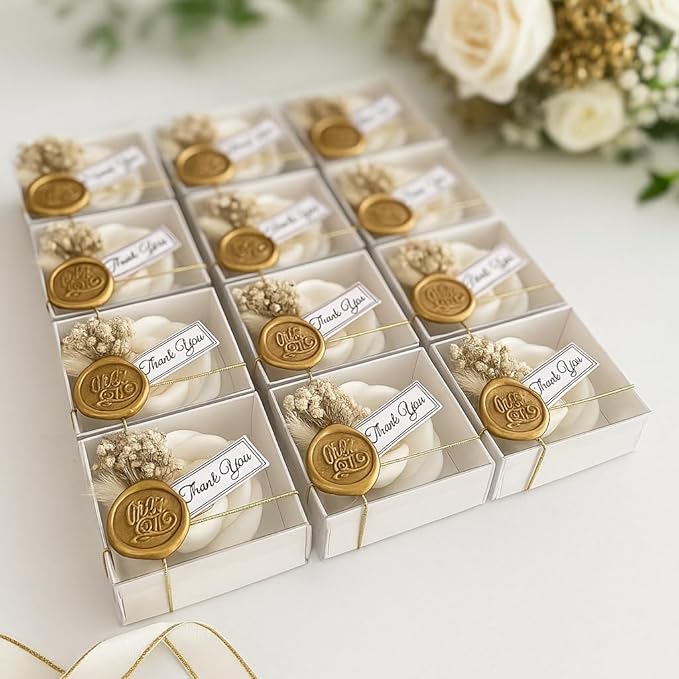 White Rose Petal Soy Wax Candles in Bulk – Rose Candle Wedding Favors for Guests, Personalized Candle Favors for Bridal Shower & Baby Shower Gifts – Dried Flower & Wax Seal Design (150 Pieces) - Bloomnest