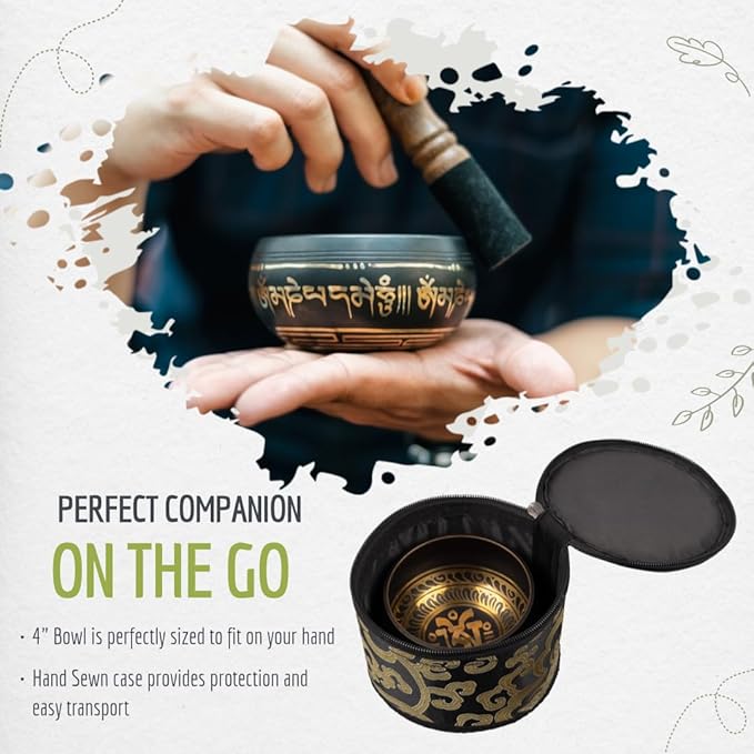 Tibetan Singing Bowl Set ~ 7 Chakra Stones and Lava Stone Chakra Bracelet ~ Easy to Play with Fabric Case, Cushion, Mallet ~ Handcrafted in Nepal for Meditation, Yoga, Spiritual Healing, & Mindfulness - Bloomnest